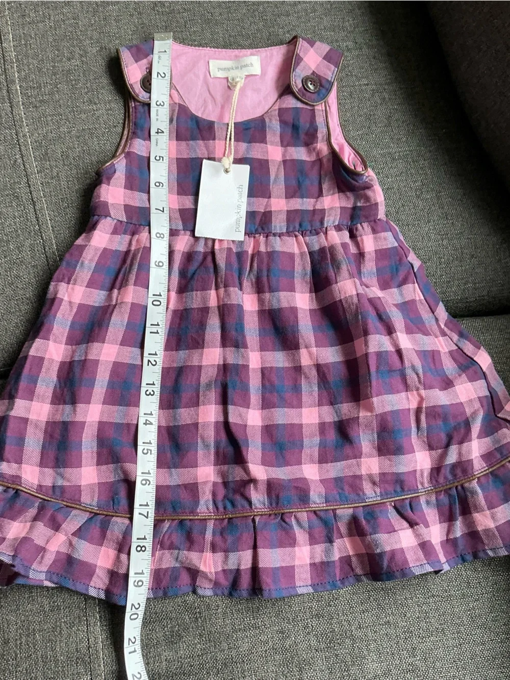 NWT Pumpkin Patch  girls Pink+ Purple Plaid Ruffle Hem Dress 12-18mths fall farm
